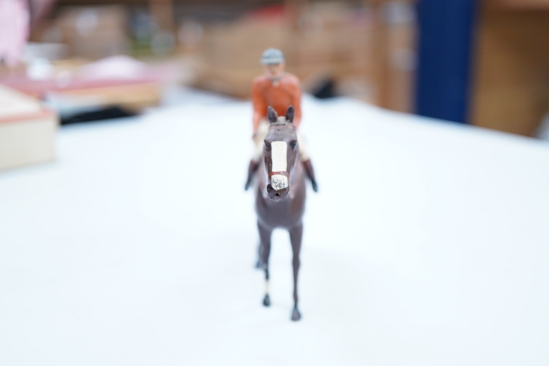 Two boxed Britains Racing Colours of Famous Owners series lead mounted figures; Miss Dorothy Paget - rider in yellow-striped blue jersey on a grey horse, and Msr. M. Boussac - rider in orange jersey on a dark brown horse